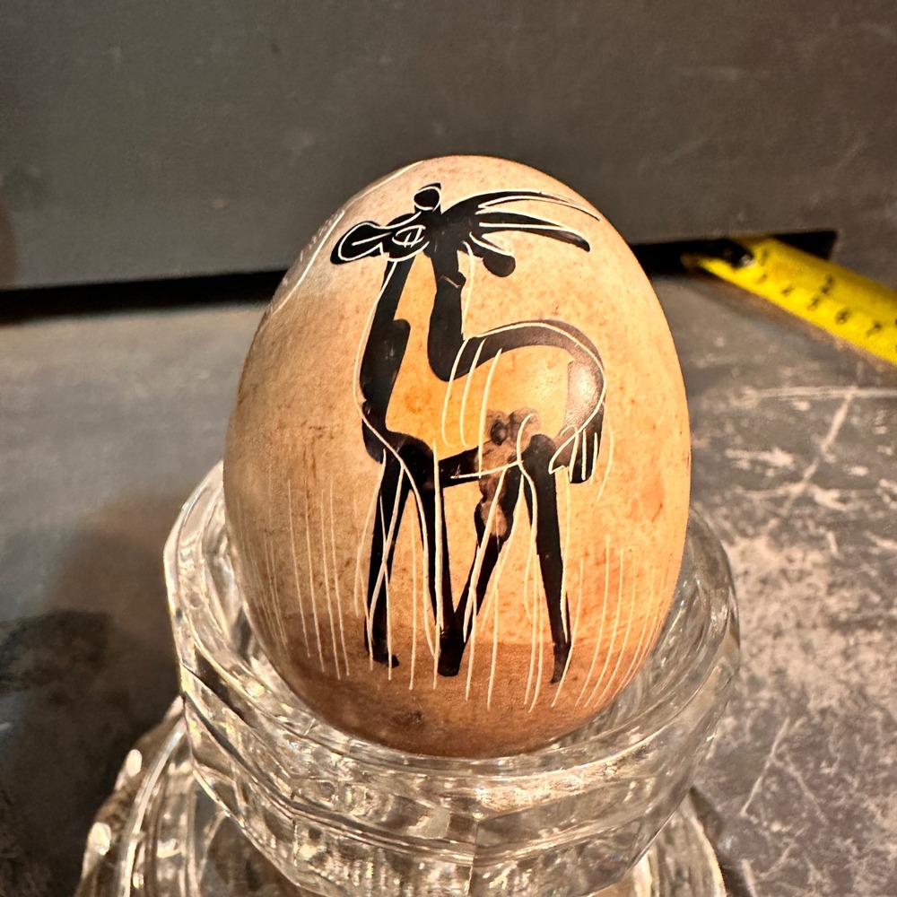 Etched Soapstone Egg Vintage Tan Brown African Antelope Art Decor 2.5"